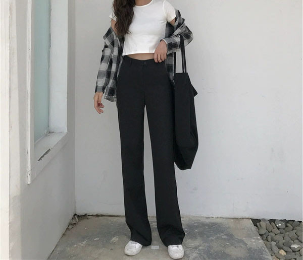 Pantaloni lungi de dama cu talie inalta si nasture