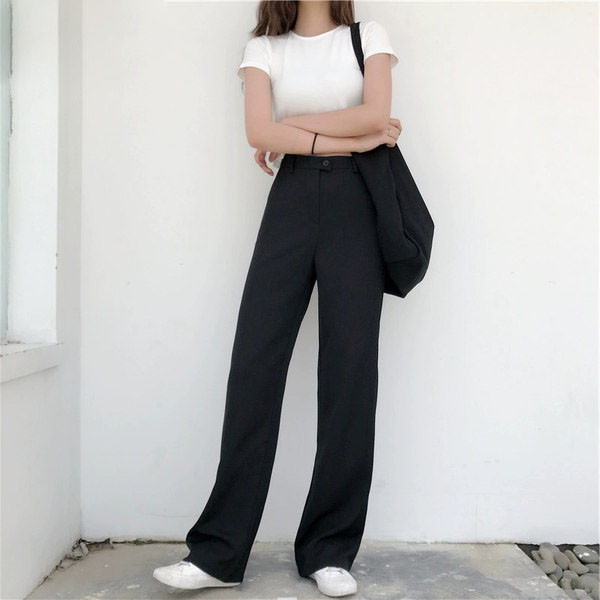 Pantaloni lungi de dama cu talie inalta si nasture