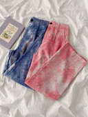 Pantaloni de dama in albastru si roz cu talie inalta