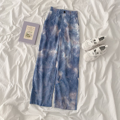 Pantaloni de dama in albastru si roz cu talie inalta