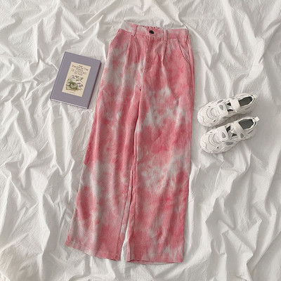 Pantaloni de dama in albastru si roz cu talie inalta