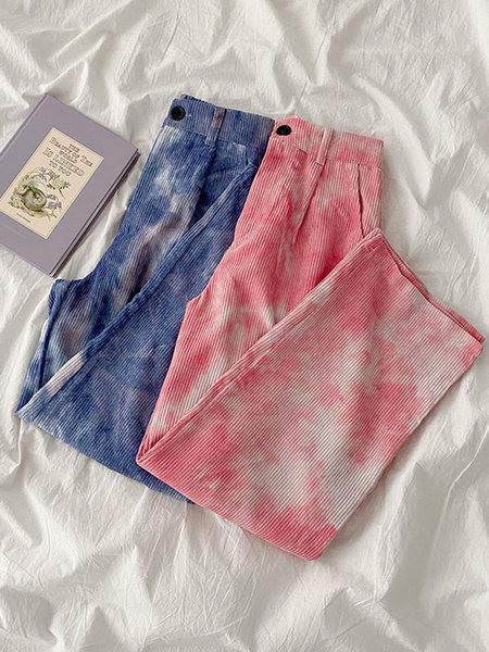 Pantaloni de dama in albastru si roz cu talie inalta