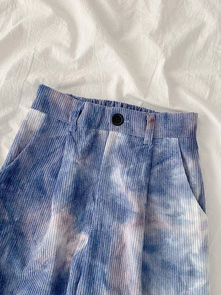 Pantaloni de dama in albastru si roz cu talie inalta