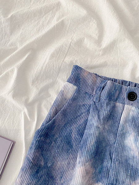 Pantaloni de dama in albastru si roz cu talie inalta