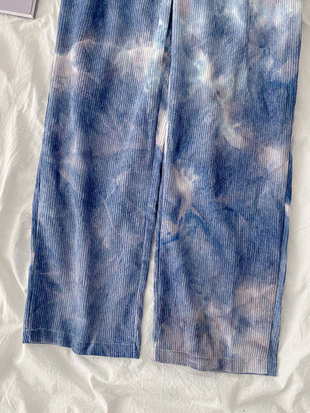 Pantaloni de dama in albastru si roz cu talie inalta