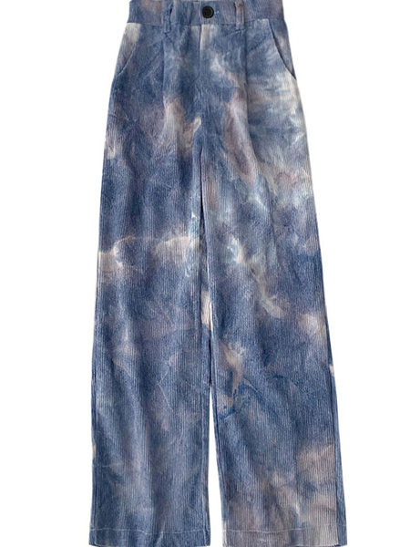 Pantaloni de dama in albastru si roz cu talie inalta