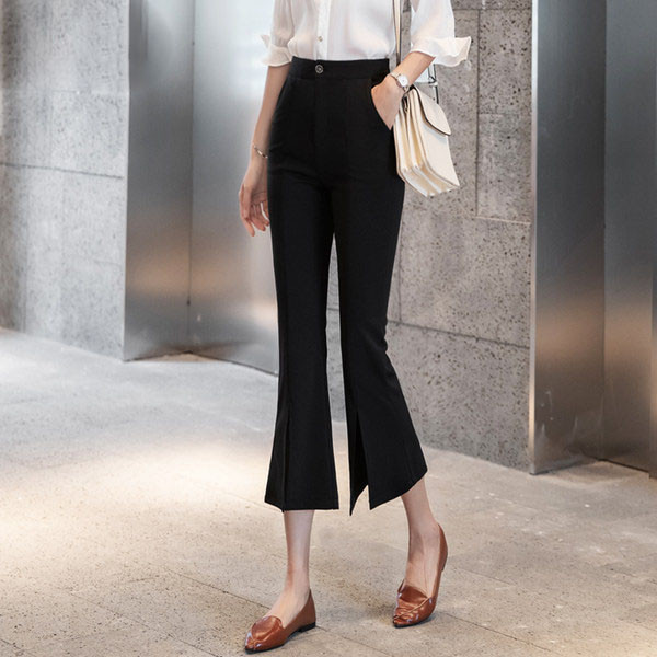 Модерен дамски панталон с цепки и висока талия