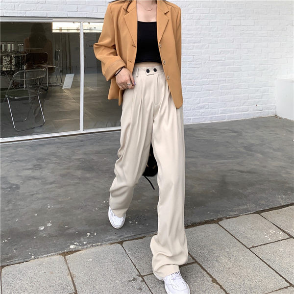 Pantaloni largi de dama cu talie inalta si nasturi