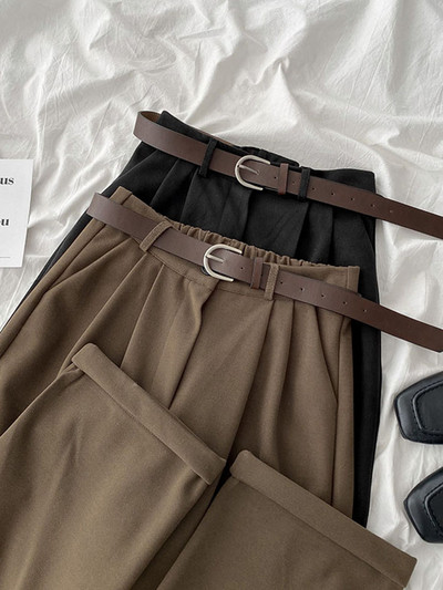Дамски модерни панталони с колан и висока талия в черен и кафяв цвят 