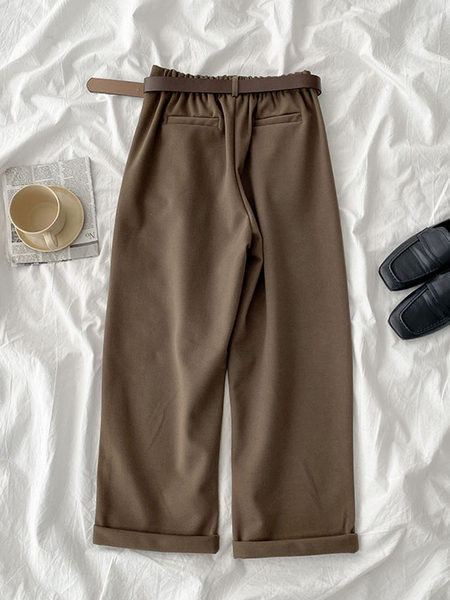 Pantaloni moderni de dama cu centura si talie inalta in negru si maro