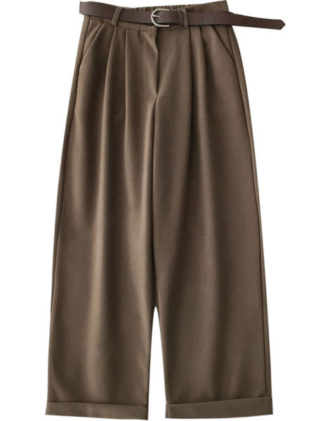 Pantaloni moderni de dama cu centura si talie inalta in negru si maro