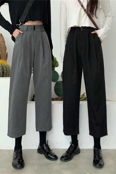 Дамски прав панталон с висока талия и джобове