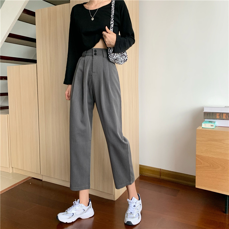 Дамски прав панталон с висока талия и джобове