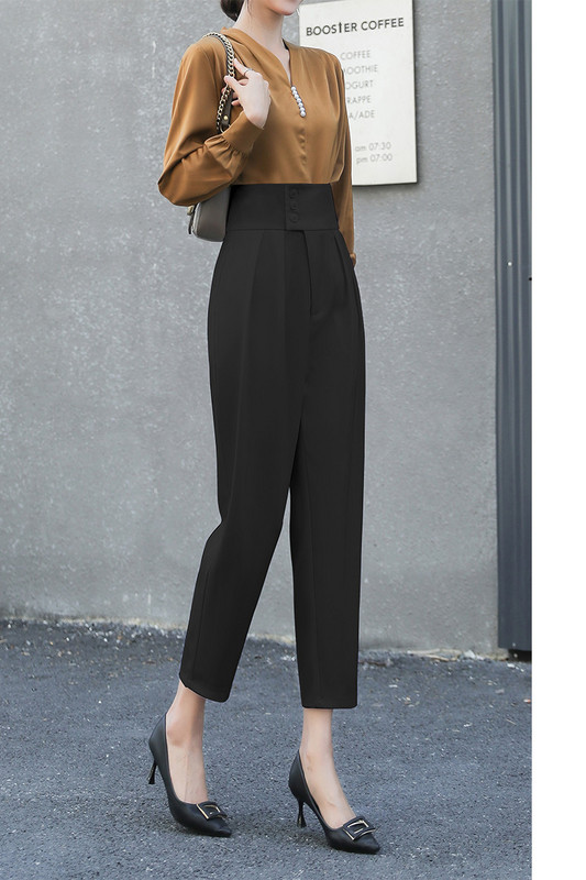 Pantaloni moderni de dama cu nasturi si talie inalta