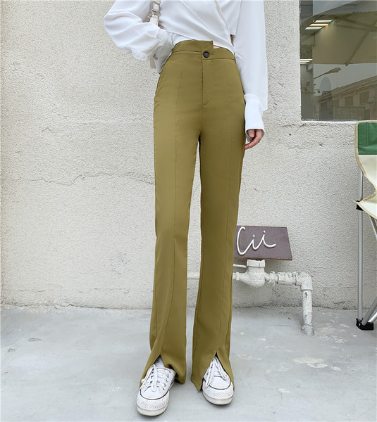 Pantaloni de damă la modă, cu talie înaltă și crapatură