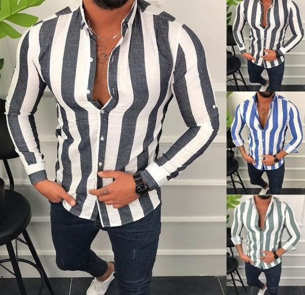 Cămașă elegantă pentru bărbați cu dungi, cu un guler clasic