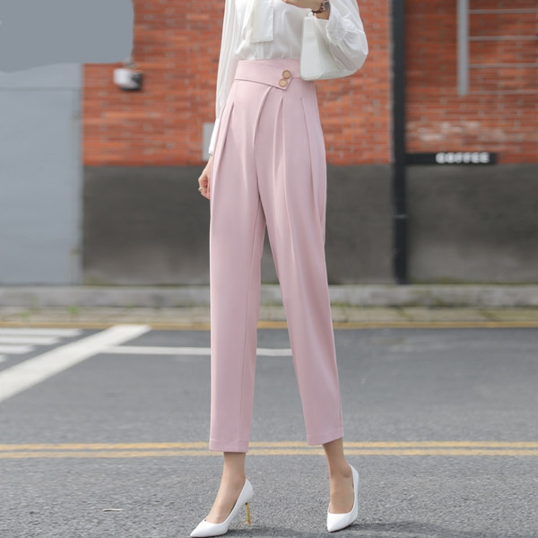 Pantaloni de dama cu nasturi roz si negru