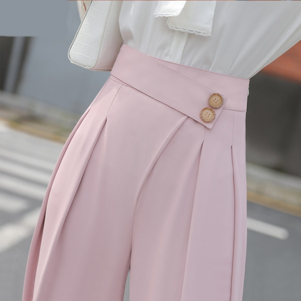 Pantaloni de dama cu nasturi roz si negru