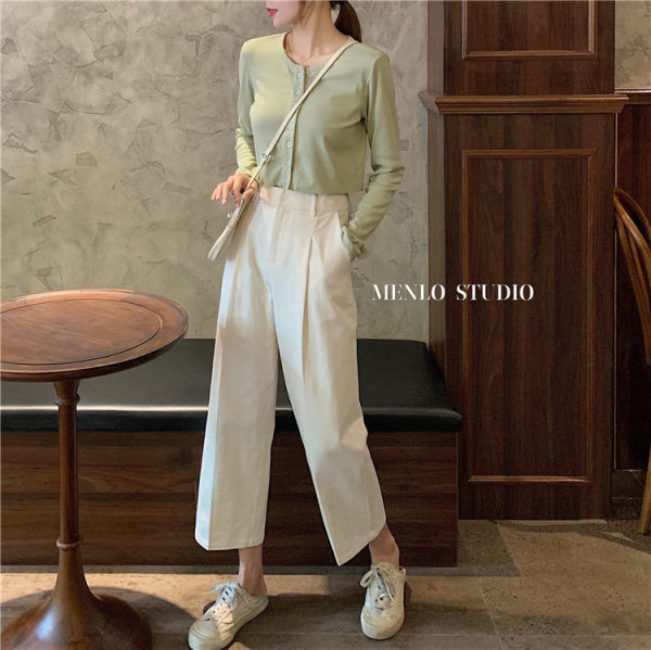 Pantaloni de dama model drept cu lungime 9/10 si talie inalta