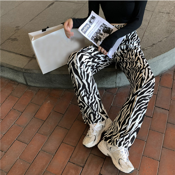 Pantaloni de dama de primavara cu talie inalta - culoare alb-negru