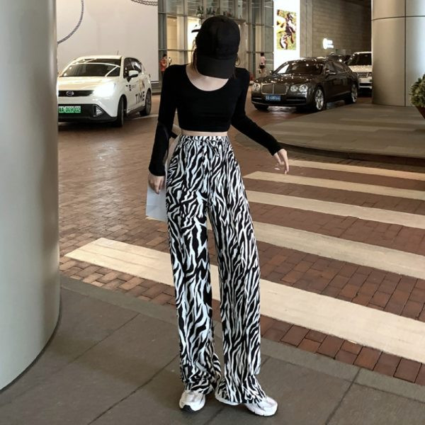 Pantaloni de dama de primavara cu talie inalta - culoare alb-negru