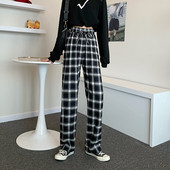 Pantaloni de dama in carouri cu talie inalta si cravate