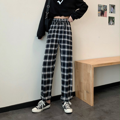 Pantaloni de dama in carouri cu talie inalta si cravate