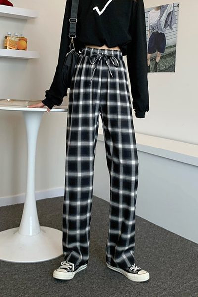 Pantaloni de dama in carouri cu talie inalta si cravate