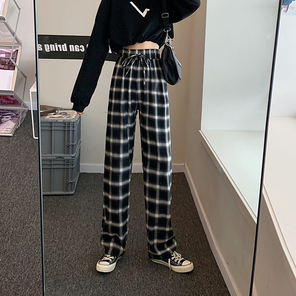 Pantaloni de dama in carouri cu talie inalta si cravate