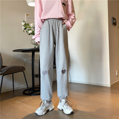 Pantaloni casual dama cu talie inalta si broderie inima