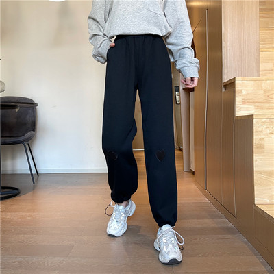 Pantaloni casual dama cu talie inalta si broderie inima