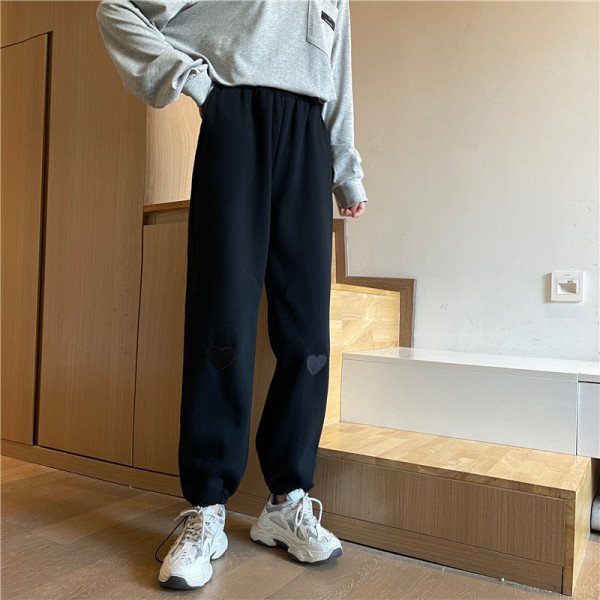 Pantaloni casual dama cu talie inalta si broderie inima