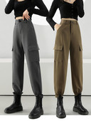 Pantaloni de dama la moda cu talie inalta si buzunare in diferite culori