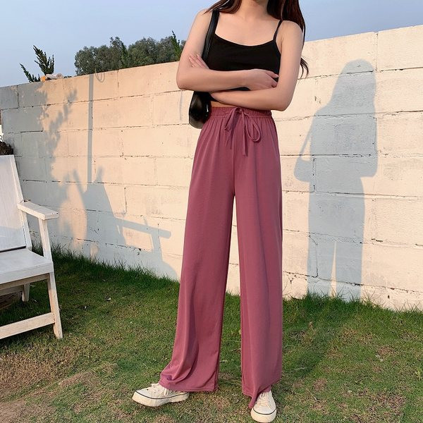 Pantaloni largi de dama cu cravate si talie elastica