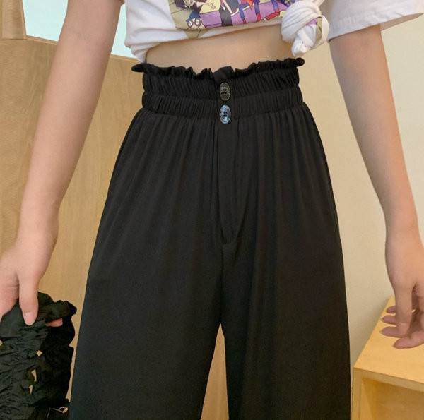 Pantaloni largi de dama cu nasturi si talie elastica