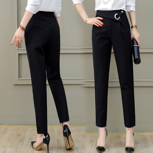 Pantaloni moderni de dama cu talie inalta si element metalic - culoare neagra