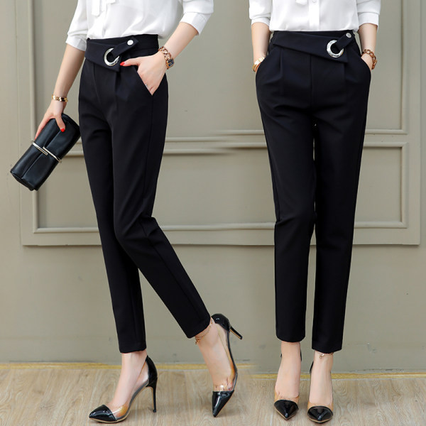 Pantaloni moderni de dama cu talie inalta si element metalic - culoare neagra