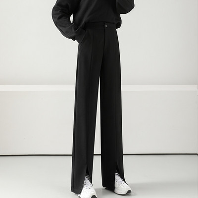 Pantaloni de dama model uni cu fante si talie inalta