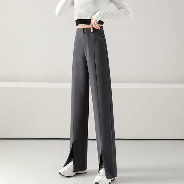 Pantaloni de dama model uni cu fante si talie inalta