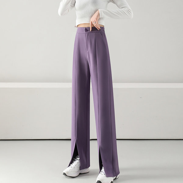 Pantaloni de dama model uni cu fante si talie inalta