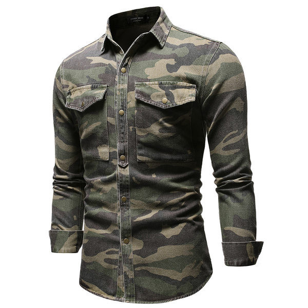 Cămașă casual pentru bărbați cu model de camuflaj și buzunare