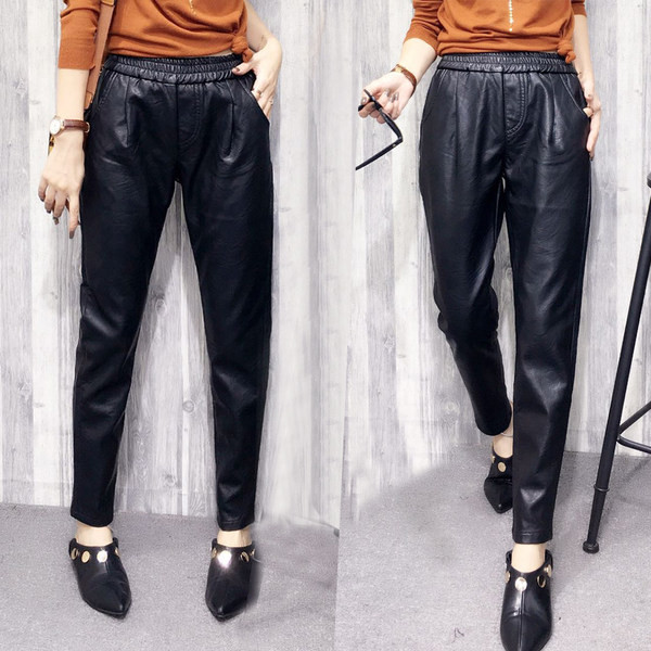 Model nou de pantaloni de dama din piele cu talie elastica