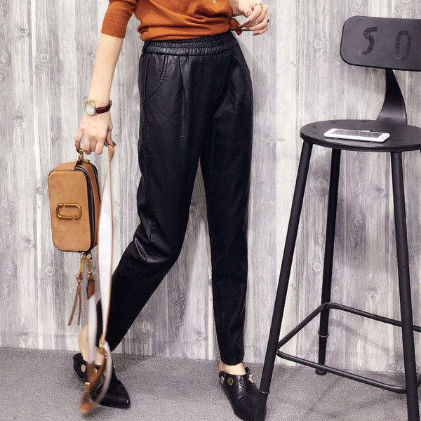 Model nou de pantaloni de dama din piele cu talie elastica