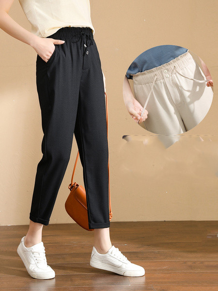 Дамски пролетен панталон с връзки и висока талия