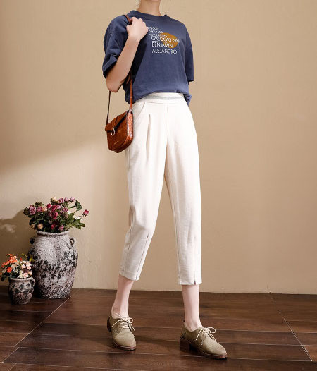 Pantaloni uni de dama cu buzunare si talie inalta