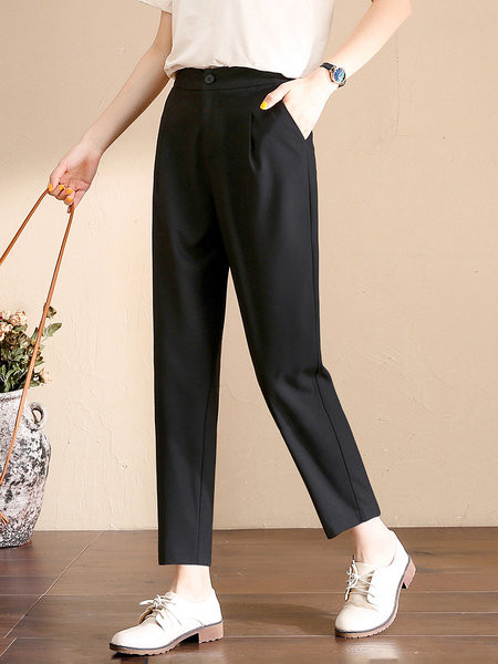 Pantaloni uni de dama cu buzunare si talie inalta