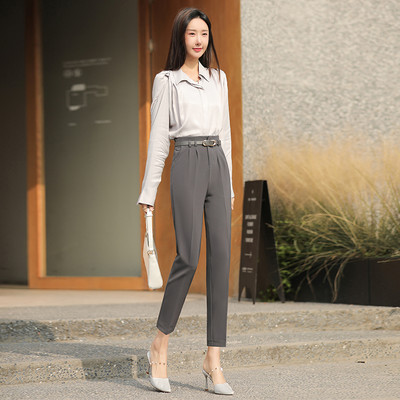 Pantaloni moderni de dama cu talie inalta si bustiera - negri si gri