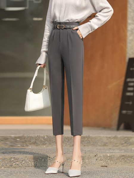 Модерен дамски панталон с висока талия и басти -черен и сив цвят