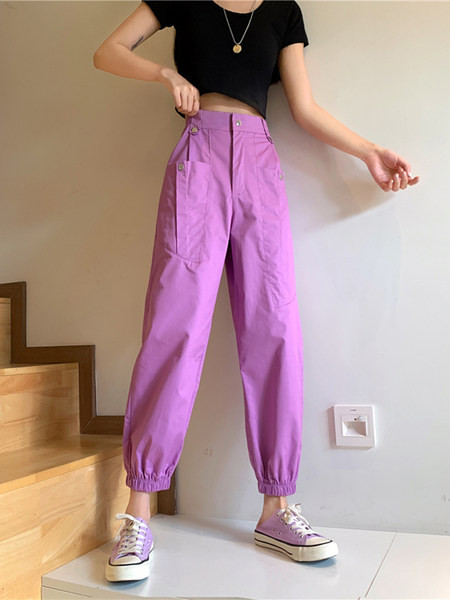 Pantaloni de dama cu talie inalta si buzunare in trei culori