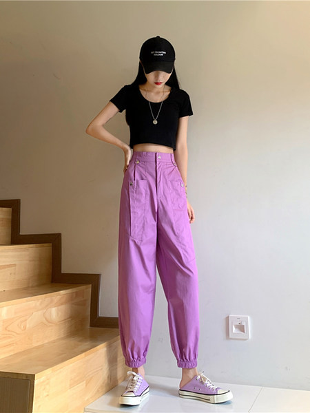 Pantaloni de dama cu talie inalta si buzunare in trei culori